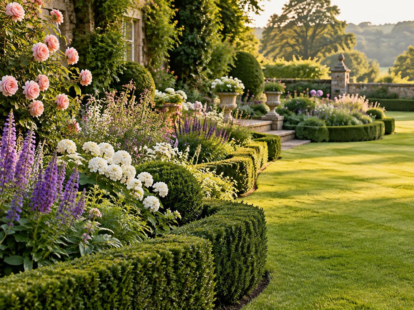 A maintained garden with clipped hedges, lawn and flower borders