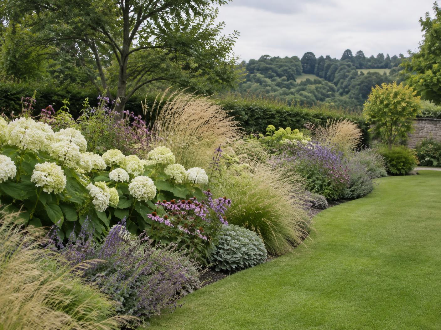 Layered flower borders with hydrangeas and ornamental grasses